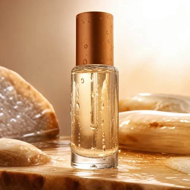 A macro of a serum bottle against warm stone, styled as a cosmetics campaign