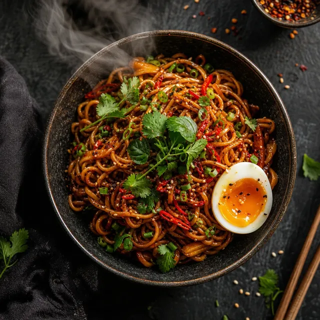 An overhead shot of chilli noodles in a dark bowl with a soft egg
