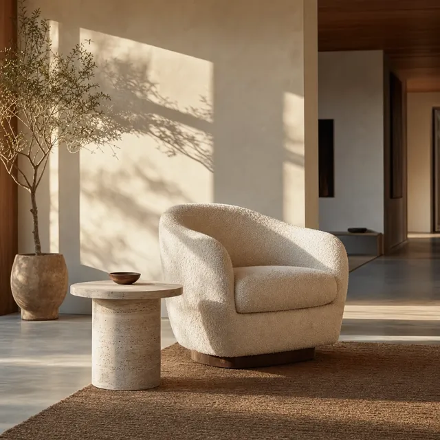 A bouclé armchair in a sunlit minimalist room