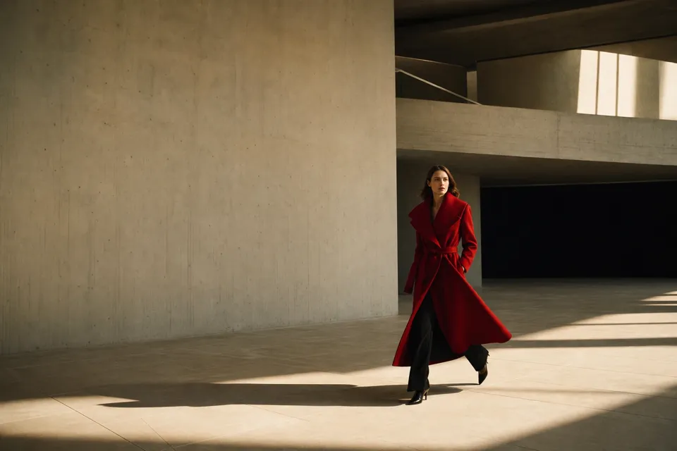 A model in a crimson coat crossing a sunlit concrete atrium, shot as a wide advertising campaign frame