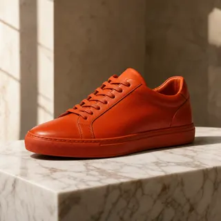 The same sneaker photographed on a sunlit marble ledge