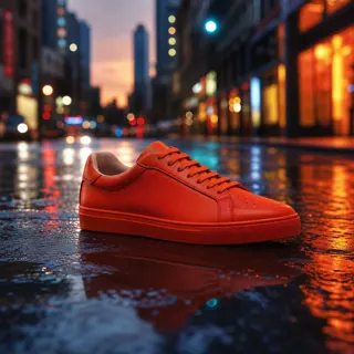 The same sneaker on wet asphalt at dusk