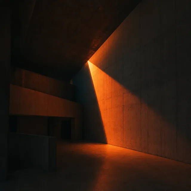 A shaft of warm light across a brutalist concrete interior