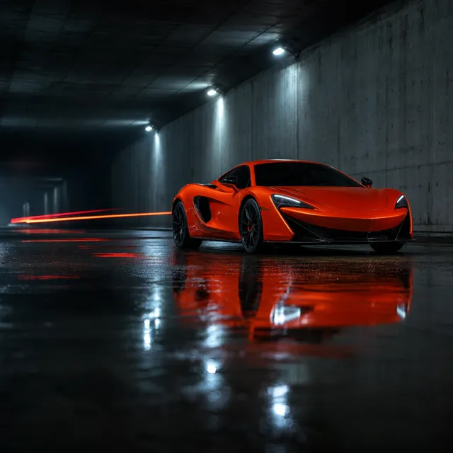 A vermilion sports car in a wet concrete tunnel
