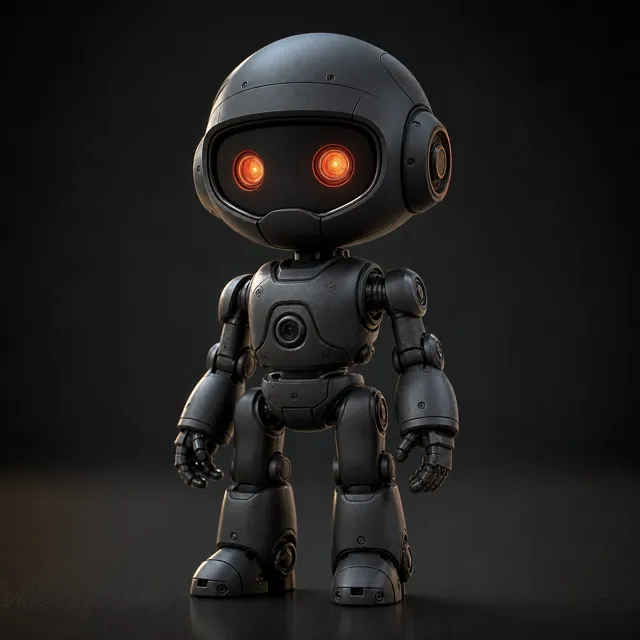 A small charcoal robot with glowing vermilion eyes